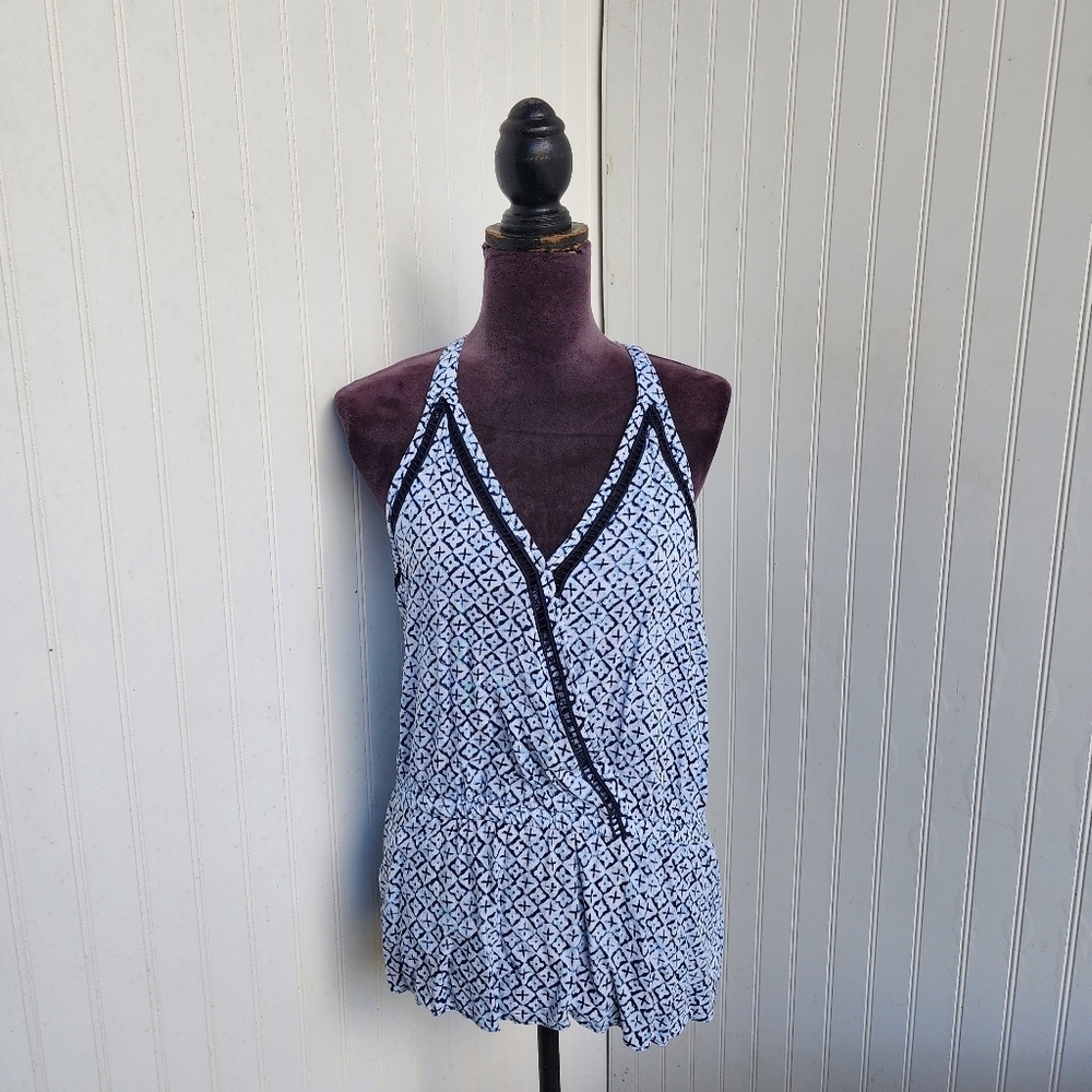 MK Michael Kors Blue White Geo Print Knit Chain Halter Top Rayon Ruffle Sz M